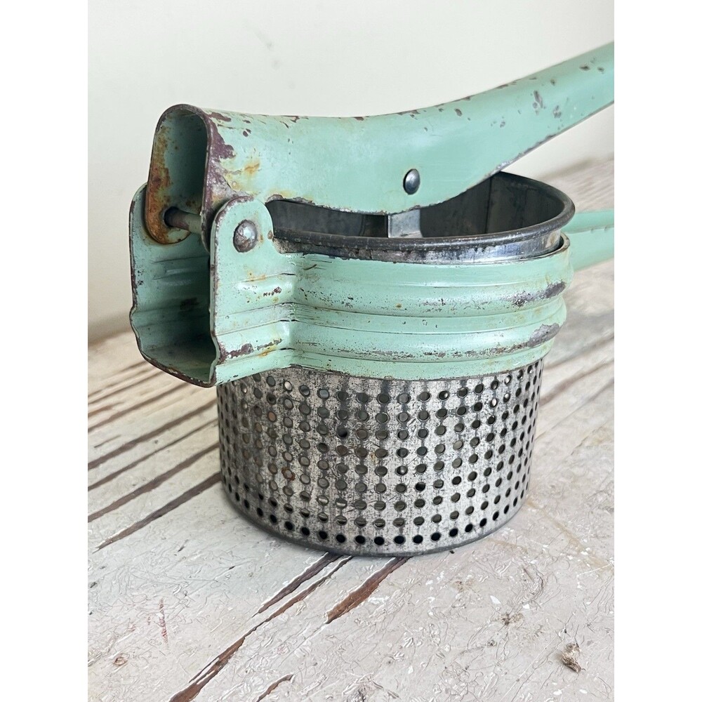 Vintage MCM Minty Green Metal Potato Ricer Masher Press Rusty Rustic Decor